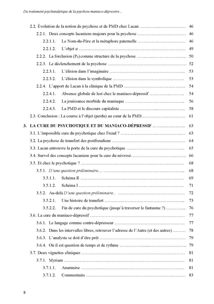 Table des matières "Du traitement psychanalytique de la psychose maniaco-dépressive et de l'ouverture continuiste dans sa clinique"