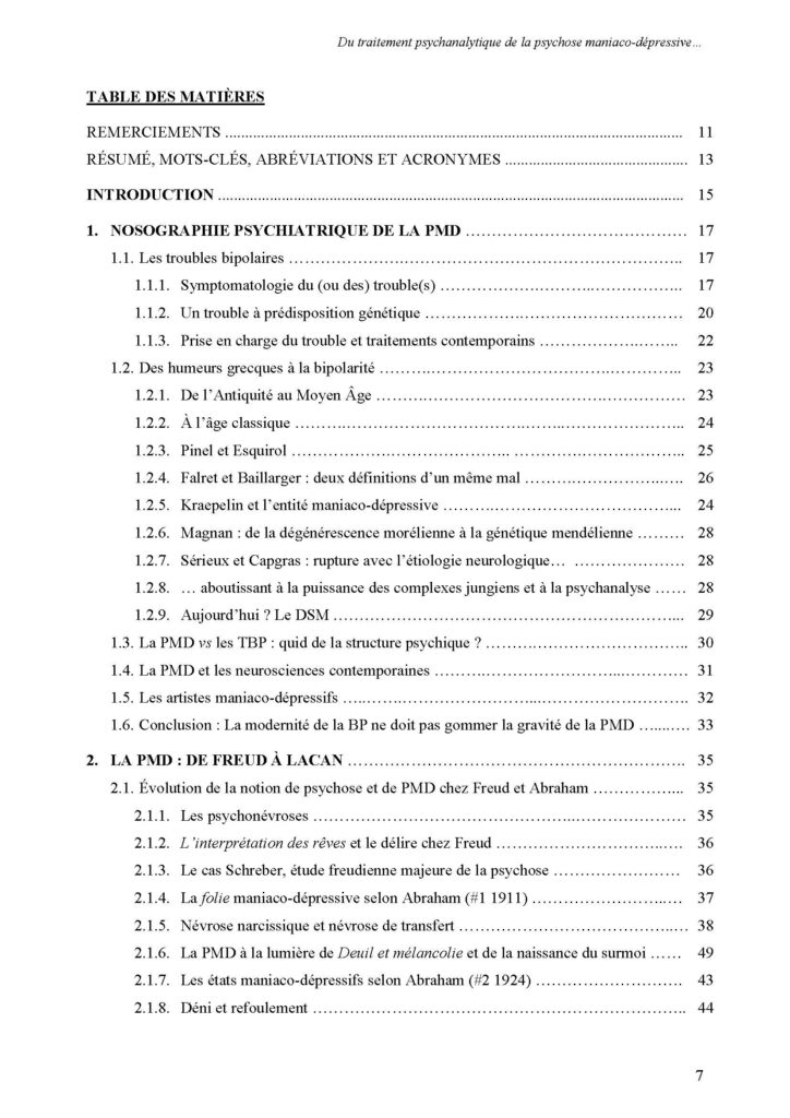Table des matières "Du traitement psychanalytique de la psychose maniaco-dépressive et de l'ouverture continuiste dans sa clinique"