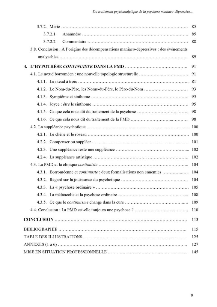 Table des matières "Du traitement psychanalytique de la psychose maniaco-dépressive et de l'ouverture continuiste dans sa clinique"