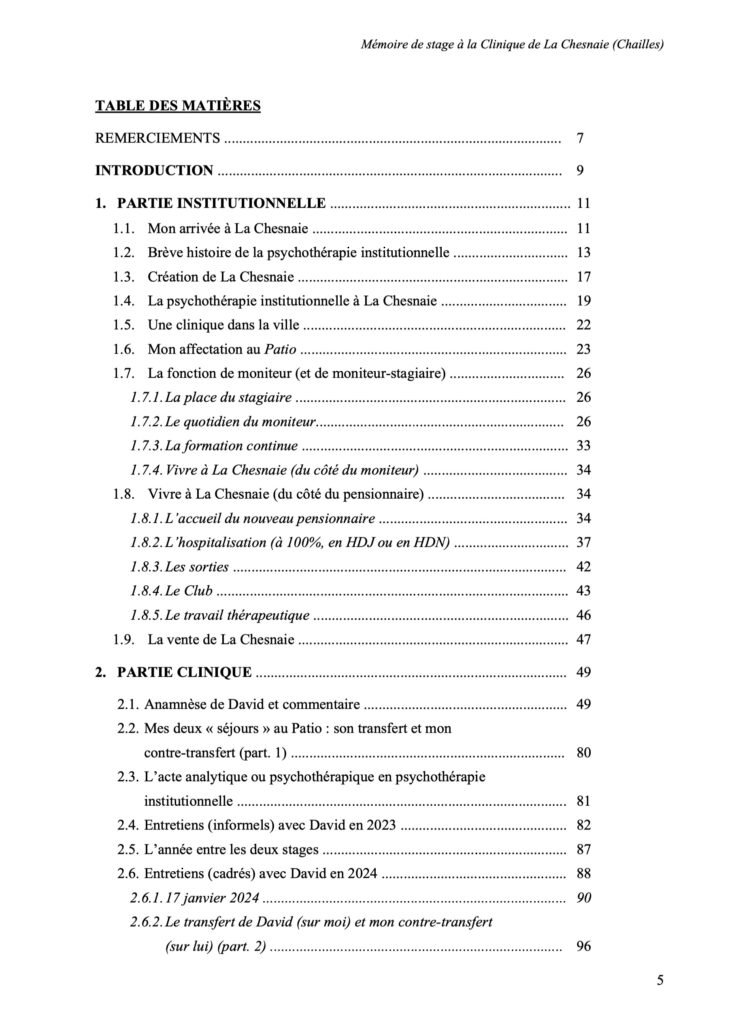 Tables des matières (De l’importance de la “place” dans la stabilisation de la psychose maniaco-dépressive")